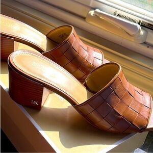 Michael Kors Cognac Woven Leather Block Heel Mule